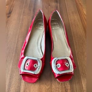 Stewart Weitzman Red Peep Toe Flats with Buckle